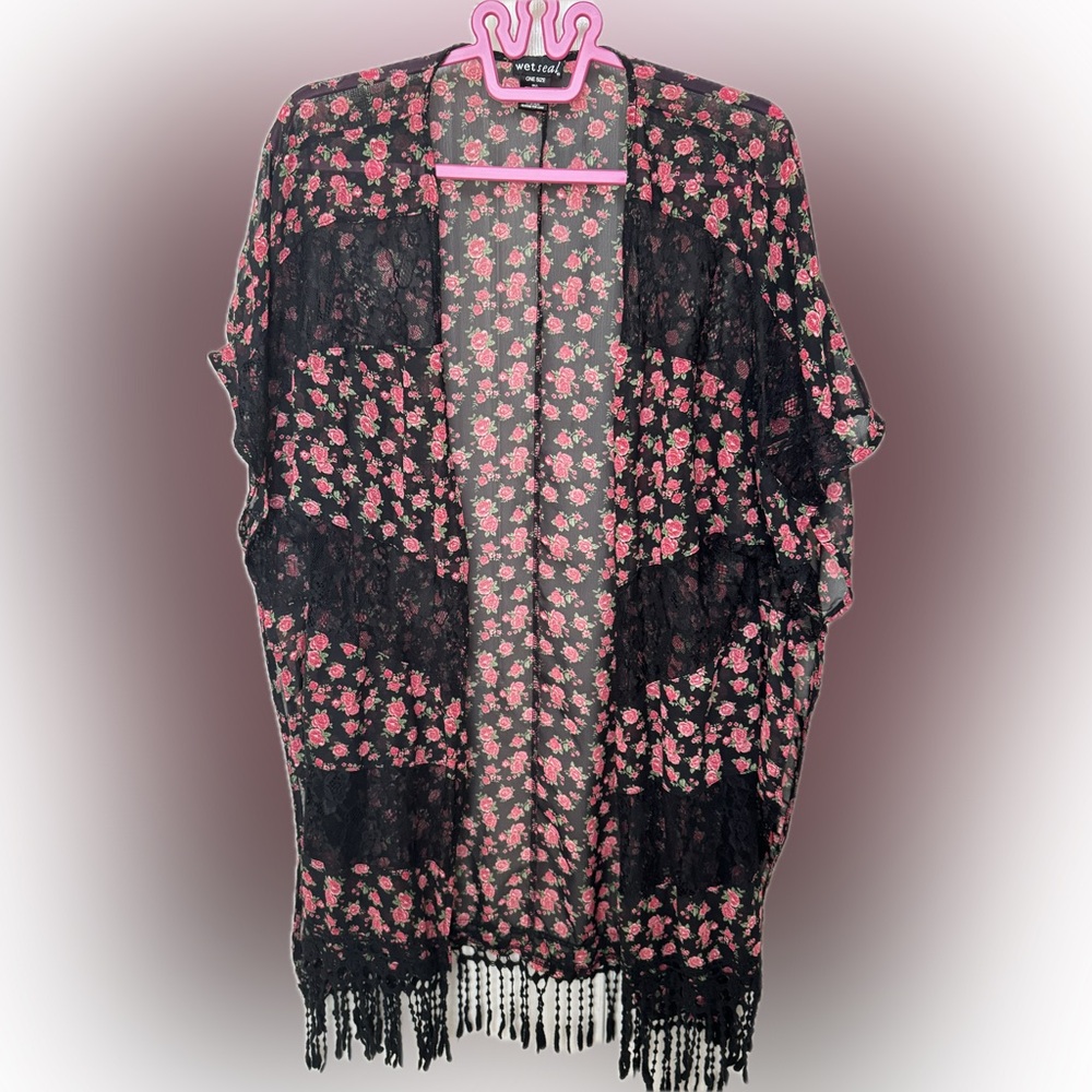 Wet Seal Black Kimono with Pink Floral Design
